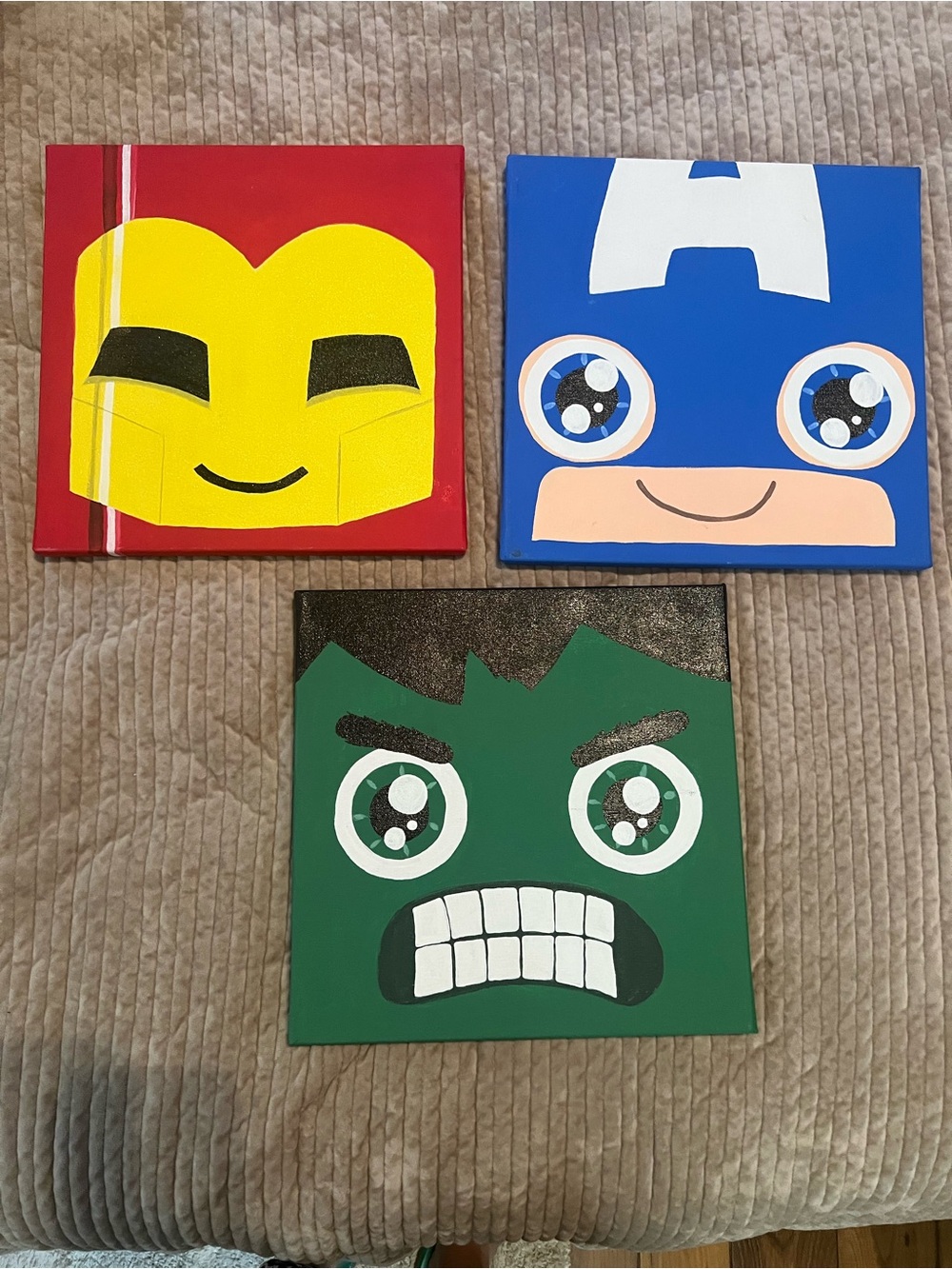 Hand Crafted Superhero Canvas Trio - Yellow, Blue, Green, Red, Black 12x12